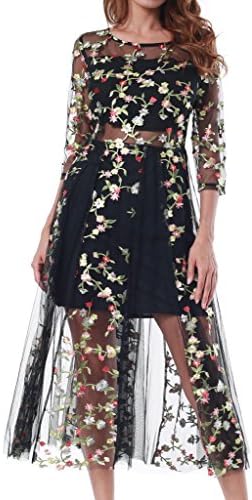 Laxary Women Floral Embroidered Organza Sheer Mesh Sleeves Evening Cocktail Dress Black Flowers XS