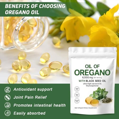Oregano Oil with Black Seed Oil Capsules – 2-in-1 Formula for Immune Support – Plant-Based, Non-GMO Oil of Oregano Capsules (180 Softgels/1 Bag)