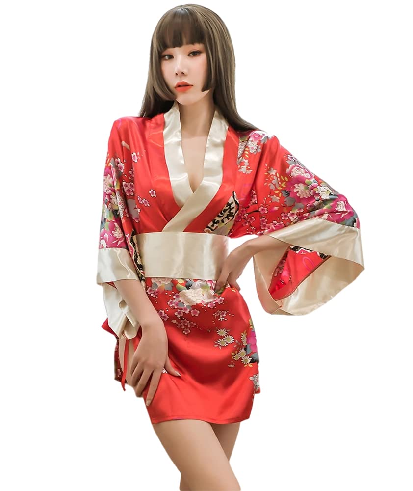 Women's Traditional Japanese Kimono Style Robe Yukata Costumes Pajamas Sexy Cosplay - Red - Large