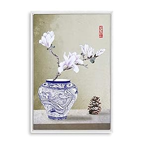 Framed Canvas Wall Art for Living Room, Bedroom Blue and White Porcelain Canvas Prints for Modern Home Decoration Ready to Hang - 16"x24" inches