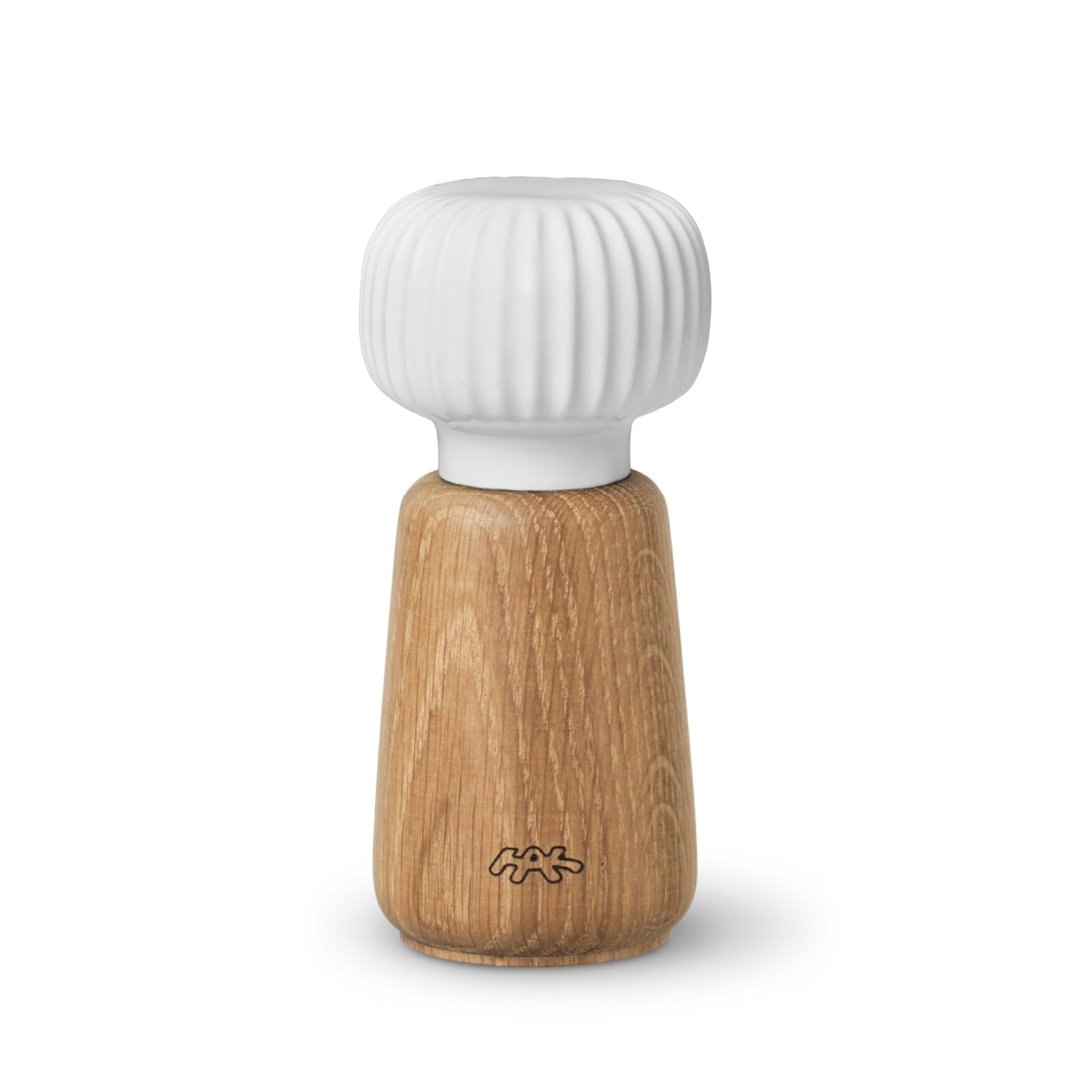 Hak Kähler Hammershøi Salt and Pepper Mill Made of Wood and Porcelain Head, Modern Spice Mill Set of 1 for Turning with Groove Design, White, 14.5cm