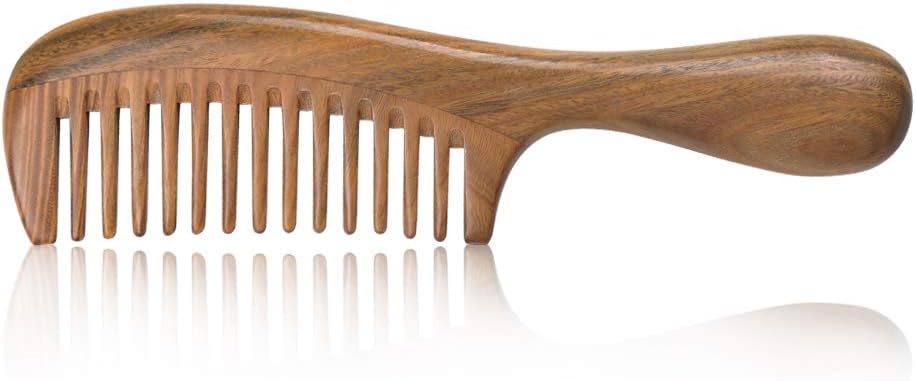 Wood comb, EYROS hair comb with wide tooth, 100% natural Sandalwood green hand-made wide and thin teeth Anti-static