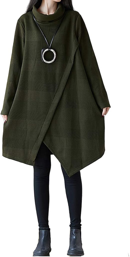 Amazon ワンピース チュニック ハイネック 不規則 着痩せ 斜め切り替えワンピース 体型カバー Aライン 長袖 レディース トップス 秋 冬 通勤 ワンピース チュニック 通販