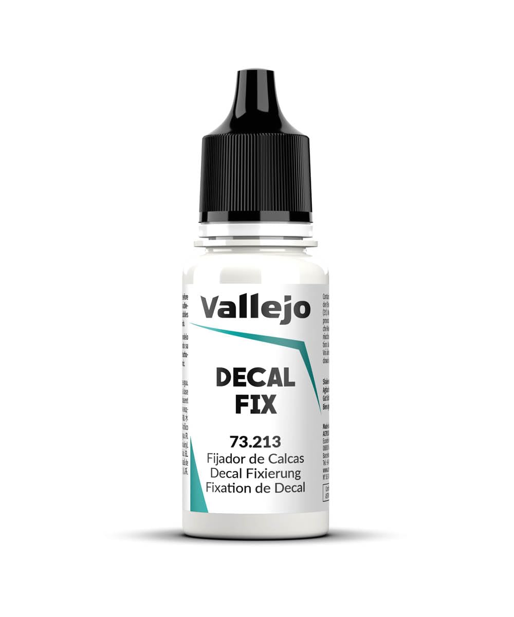 Vallejo Clear Decal Fixative, 18 ml Bottle, Ideal for Model Painting and Craft Projects, Quick-Drying Formula, Non-Toxic, Water-Based Solution