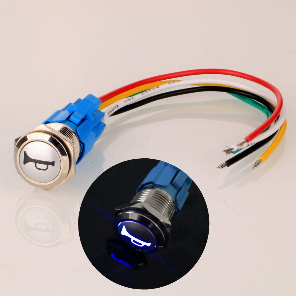 Gebildet 12V-24V/5A 16mm Pre-Wiring Momentary Speaker Horn Push Button Waterproof Metal Switch with Blue Led Light for Car Boat