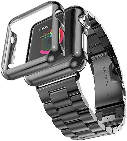 Apple Watch Band with Plated Protect Case, NUJIA Solid Stainless Steel Watch Strap, Metal Replacement Wrist Band with Classic Buckle fits Apple Watch, Sport &amp; Edition (Black 3-Chain 42mm)