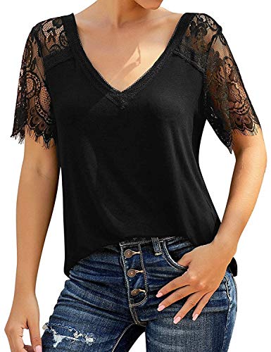 MYMORE Women\'s Black Lace Patchwork Blouse Top Summer V Neck Elegant Short Sleeve T Shirts for Women
