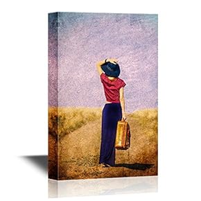 Redhead Girl with Suitcase at Countryside Road Near Wheat Field