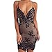 Women’s Sexy Backless Sparkling Dress Sequins Floral Deep V Neck Clubwear Party Bodycon Mini Short Dress Black TAG S