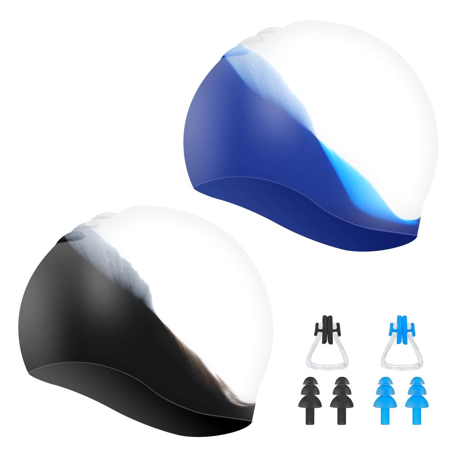Photo 1 of 2 Pack Swim Caps for Women Kids Swimming Waterproof Silicone Swimming Caps Durable Elastic Non-Slip Bathing Caps for Swimming Pool with Ear Plugs & Nose Clips for Men Adults Boys Girls, Mix Color