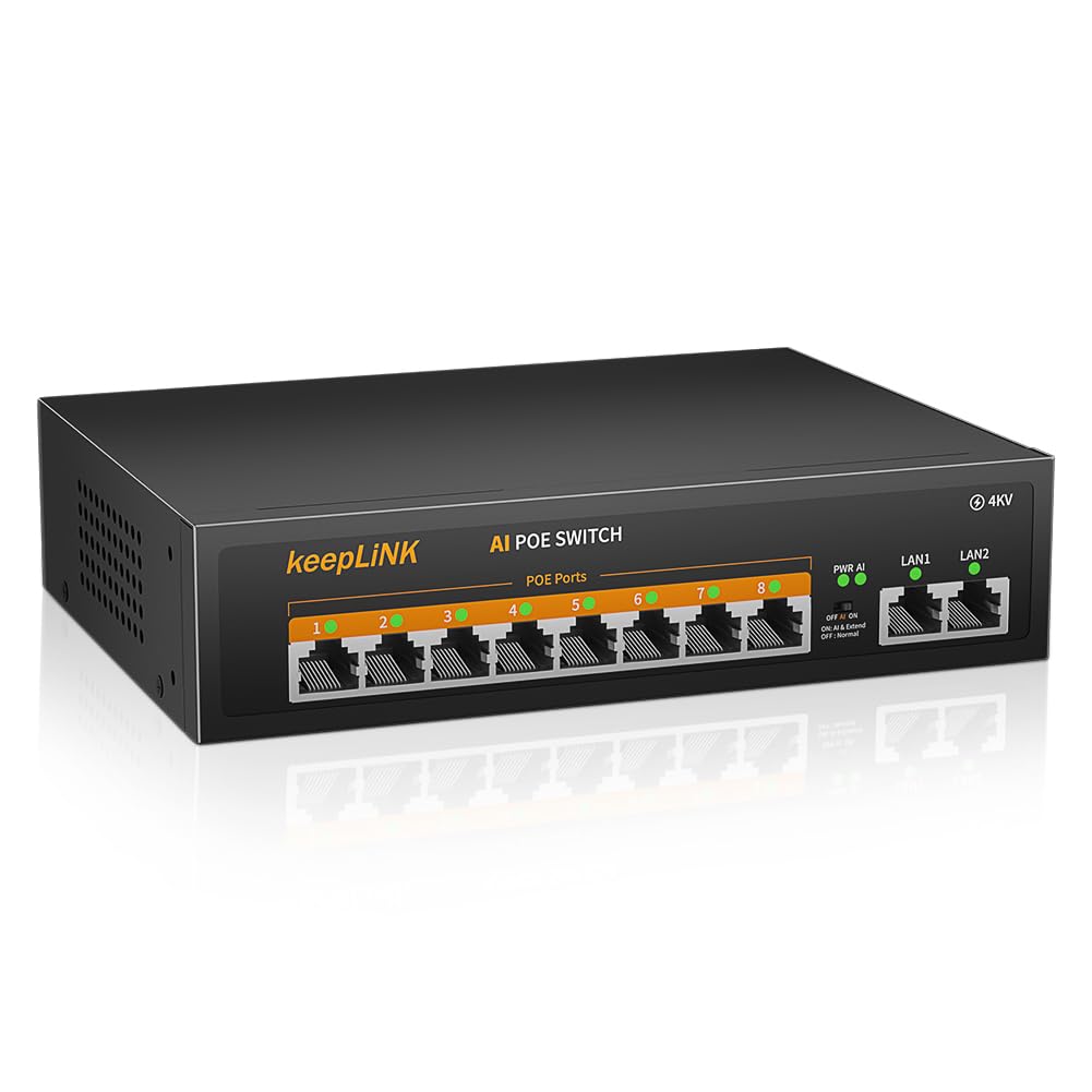 keepLiNK 10 Port PoE Switch, 8 x 100Mbps PoE+ Ports 2 x 100Mbps Uplink Ports, 120W 802.3af/at, Extend Function, Metal Fanless Unmanaged