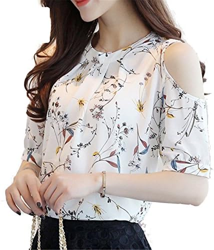 RENXINGLIN Chiffon Print Blusas Floral Shirt For Womens Elegant Open Shoulder Blouses White M