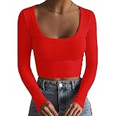 Artfish Women's Square Neck Long Sleeve Ribbed Slim Fitted Casual Basic Crop Top