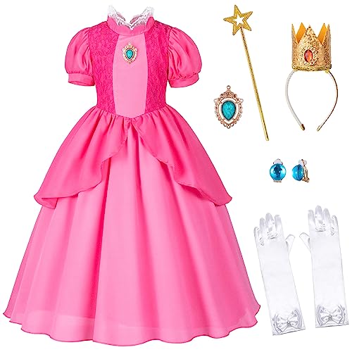 Princess Peach Dress for Girls, Kids Princess Peach Costume with Crown Gloves Wand Earrings 2T