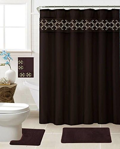 Effiliv 18-piece Bathroom Set: 2-rugs/mats, 1-fabric Shower Curtain, 12-fabric Covered Rings, 3-pc. Decorative Towel Set, Coffee