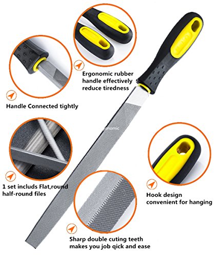 3 Piece 8 inches Metal Coarse File Tools Set Rubber Anti-slip Handles - Flat/Round/Half Round Carbon Steel Rasp Files Set For Filing Metal/Wood/Leather with Storage Pouch and a Brass Brush