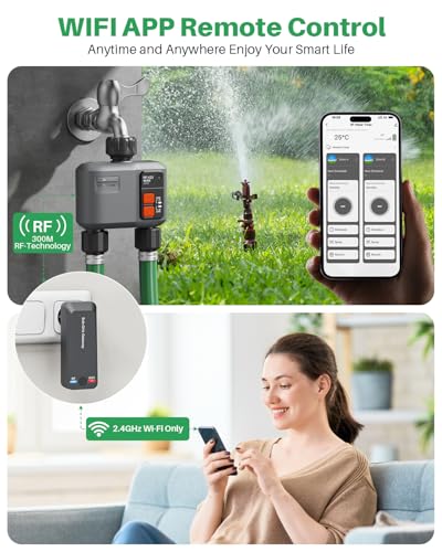 johgee 2 Way WiFi Irrigation Timer with RF 300M Technology, WiFi Irrigation Control, Compatible with Alexa & App, Watering Timer with 2 Modes & Rain Delay for Garden, Lawn