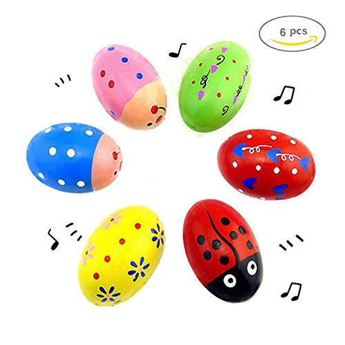 POPLAY Wooden Percussion Musical Egg Maracas Egg Shakers, 6 PCS, Random Pattern, Halloween Props