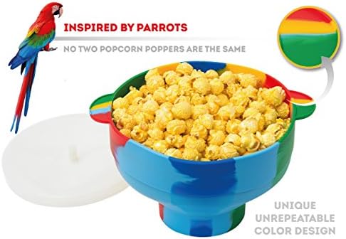 Microwave Silicone Colorful Popcorn Popper with Handles and Lid - Collapsible Cooking Bowl - One-Of-A-Kind Design - FREE Ebook - Hot Air Maker for Corn Kernels (Parrot)