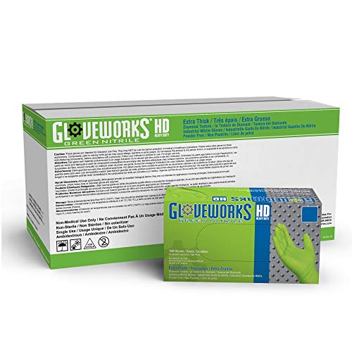 GLOVEWORKS HD Industrial Green Nitrile Gloves - 8 mil, Latex Free, Powder Free, Diamond Texture, Disposable, Heavy Duty, XLarge, GWGN48100, Case of 1000