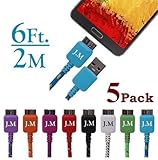 Josi Minea® 5 Pcs Fabric Braided Premium High Quality Ruggedized Micro USB 3.0 Rainbow Cables 6 Feet / 2 Meter Charger Sync Data Rapid Charging Cable USB Cord Wire for Samsung Galaxy S5 / SV / i9600 and Galaxy Note 3 / III / N9000 / N9001 - 6Ft/2M (5 Pack)
