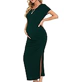 Smallshow Women's Split Long Maternity Dress Short Sleeve Ruched Pregnancy Clothes