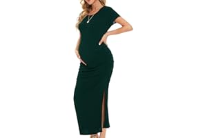 Smallshow Women's Split Long Maternity Dress Short Sleeve Ruched Pregnancy Clothes
