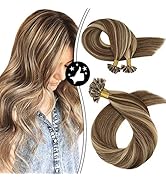 Moresoo U Tips Hair Extensions Remy Straight Hair Color #4 Dark Brown Highlighted with #27 Carame...
