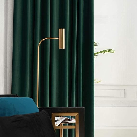 MYRU 1 Pair Nordic Velvet Curtains Eyelet Dark Green Blackout Curtains