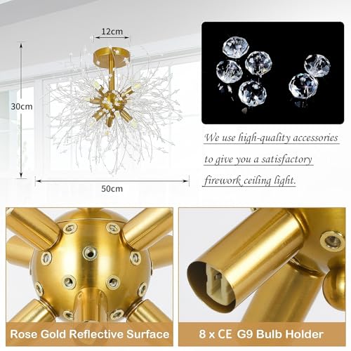 Rayofly Modern Crystal Ceiling Light, Fireworks chandelier, Golden ceiling lights, dimmable Pendant Light, 8 G9 Luminaire, Lamp For Living Room, Bedroom, Dining Room, Kitchen, Hallway