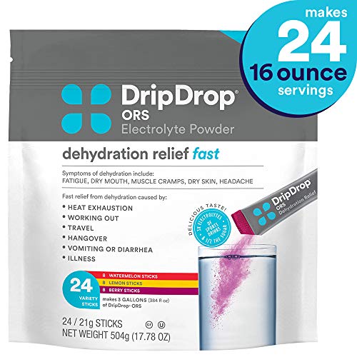 DripDrop ORS - BIG Sticks - Electrolyte Powder for Dehydration Relief Fast - for Workout, Heat, & Travel Recovery - Watermelon, Berry, Lemon Variety Pack - 24 x 16oz Servings