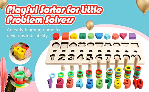 JCREN Wooden Blocks Puzzle Board Set for Tooddler Color Shape Sorting Number Counting Puzzle Blocks Math Stacking Early Development Toys Gift Montessori Toys for Preschool Kids