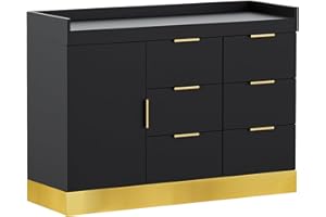 OmySalon Salon Station for Stylists, Free Standing Barber Vanity with 6 Drawers, 1 Cabinet & Adjustable Shelves, Large Storage Hair Beauty Furniture for Barbershop, Black Gold