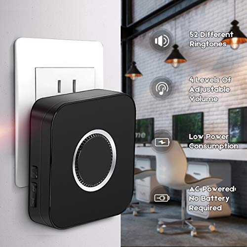 Coolqiya Doorbell Kit Wireless Door Bell Chimes with 3 Plugin Receivers and 2 Remote Waterproof Door Buttons, No Battery Required for Receivers, 52 Ringtones, Black