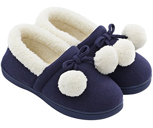 HomeTop Womenâ€™s Cute Fuzzy Knitted Cotton Memory Foam Indoor Outdoor House Shoes (US Womenâ€™s 7-8, Navy Blue)