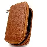 Genuine Leather Double Edge Safety Razor Zippered Travel Case with Compartment for Blades too --- from Parker Safety Razor SADDLE BROWN