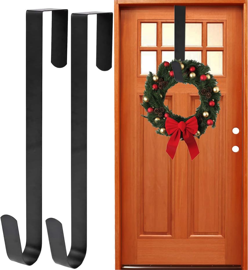 Christmas Wreath Hanger,2 PCS Wreath Hanger for Front Door,30 cm(11.8 Inches length) Metal Wreath Hanger, Door Wreath Hook for Christmas Home Office Wall Wedding Wreaths or Decorations (2PCS Black)