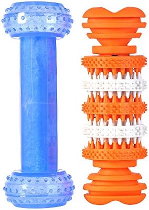 Lukove Pet Dog Chew Toy, Teething Chew Puzzle Training Dumbbell Arctic Cooling Freeze Fetch Food MassageGrinding Rubber Chew Toy BoneTeeth Cleaning TreatTooth Gums