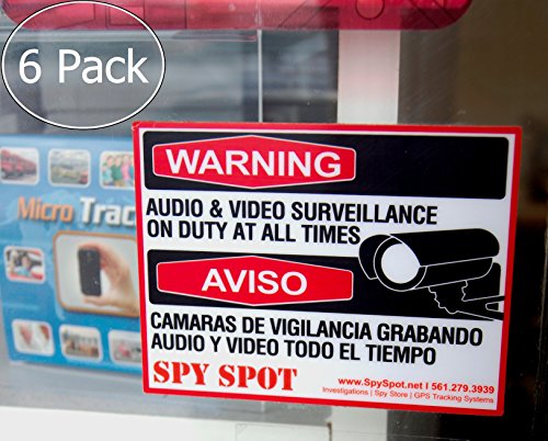 6 Pack Decal Self Adhesive Audio & Video Sign Vinyl Weatherproof Resistant CCTV Surveillance Stickers English/Spanish Security Logo
