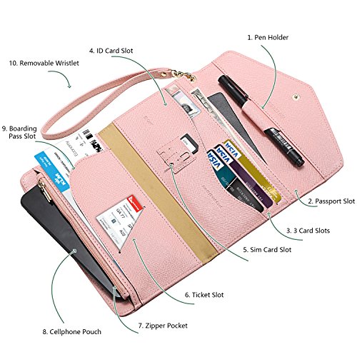 Krosslon Rfid Passport Holder Wristlet Travel Wallet Trifold Documents Organizer Slim Purse, Fit US UK CA Passport Cover Traveling Accessories for Women, Rose Quartz(205#)