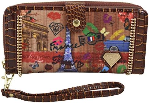 Paparazzo Collection By Lany - Paris City Print Wallet with Multiple Compartments and Wristlet (Brown )