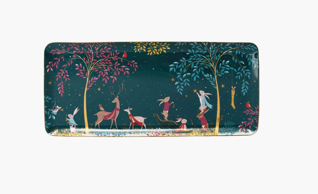 Sara Miller Woodland Tales Collection Christmas 36 Centimetre Sandwich Tray Featuring 22-Carat Gold Detailing Deer and Robin