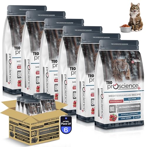 Teo Premium Proscience Salmon Adult Cat Food 1.5KGX6 Packs Total 9KG Premium Hypoallergenic Formula with 82% Animal Protein, Hairball Control, Omega 3 & 6, Mediterranean Fruits, Taurine & Prebiotics