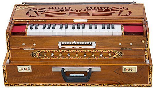 Calcutta Harmonium Scale Changer, Maharaja Musicals, In USA, Folding, Teak Wood, 13 Scales, 4 Reeds, Natural Color, Tuned To A440, Padded Bag, Book, Indian Musical Instrument (PDI-BBH)