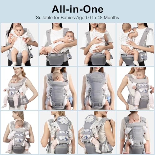 STANEW Baby Carrier Hip Seat & Head Hood, Breathable Detachable Infant Carrier, Adjustable Shoulder Straps, Waist Size up to 120cm for 0-48 Months Baby, Max Load 25kg