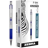 Zebra F-301 Ballpoint Stainless Steel Retractable Pen, Fine Point, 0.7mm, Blue Ink, 12-Count