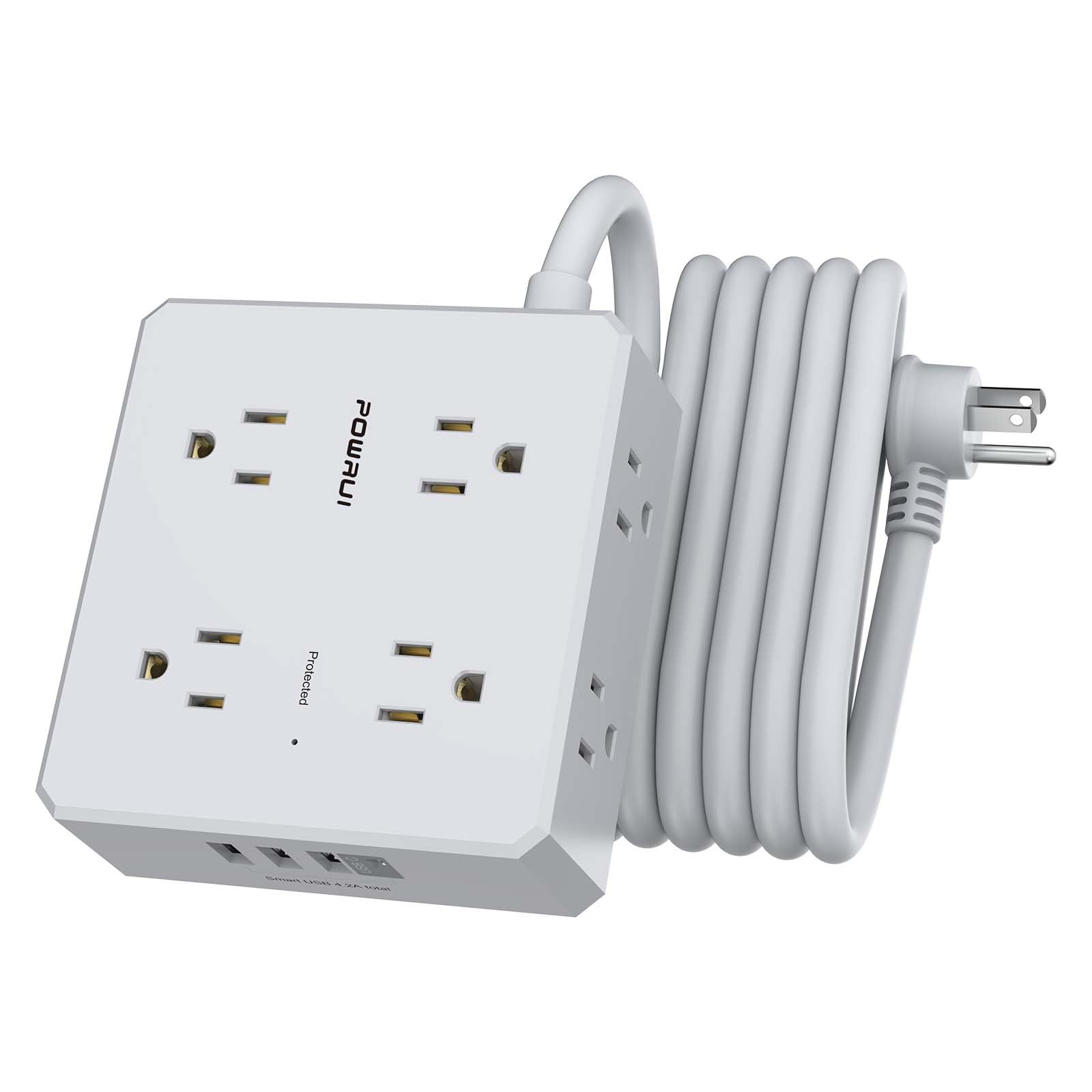 Surge Protector Power Strip - 10 Ft Flat Plug Extension Cord with 8 Widely Outlets and 4 USB Ports(1 USB C), 3 Side Outlet Extender for Home Office, Grey, ETL Listed