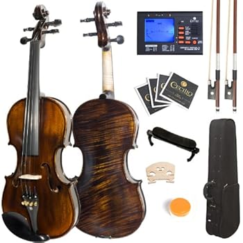 Mendini 4/4 MV500+92D Flamed 1-Piece Back Solid Wood Violin with Case, Tuner, Shoulder Rest, Bow, Rosin, Bridge and Strings - Full Size