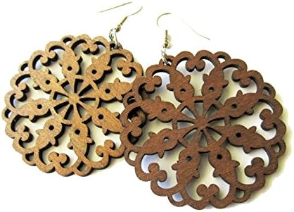 Large Lightweight Dark Brown Pin Wheel Circle Filigree Wooden Modern Boho Earrings for Women