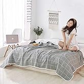 SANACYNA 6-Layer Gauze 100% Cotton Muslin Blankets for Adults Gray Plaid Checker King Bed Blanket Lightweight Soft and Breathable Blanket for Sofa Bed Coverlet Both Sides (Gray, King(90"x104"))¡­